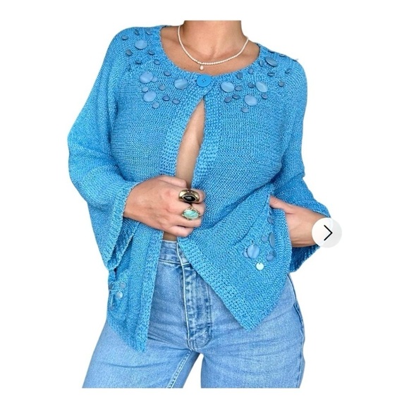 CWC Coldwater Creek Blue 1 button Cardigan Sweater top beaded shabby SZ 1X chic! - Picture 1 of 10